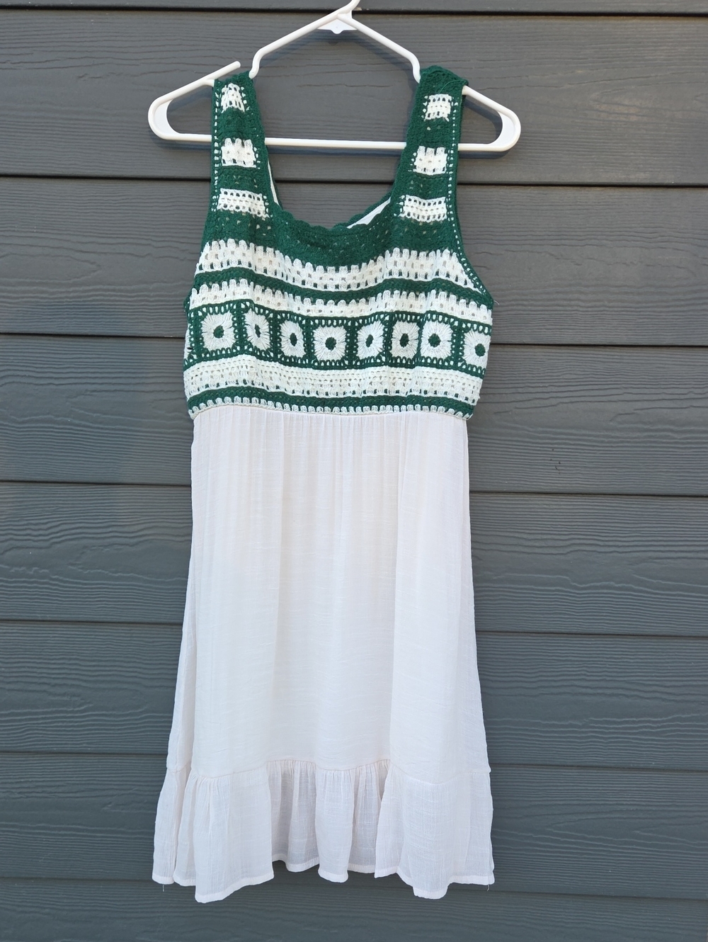 Ana & ROSE Crochet Bodice Sundress in Forest Green and White W/Cream